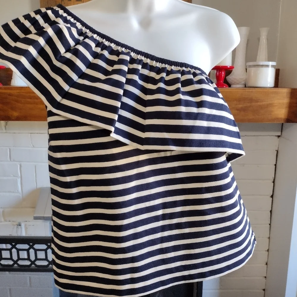 J CREW nautical asymmetrical one shoulder top striped ruffled navy white
